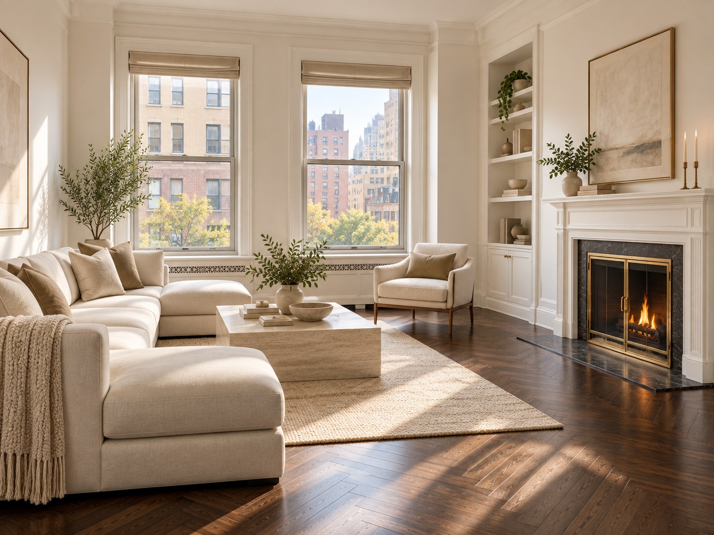 Refined New York City living room with painted walls, fireplace and dark herringbone floor