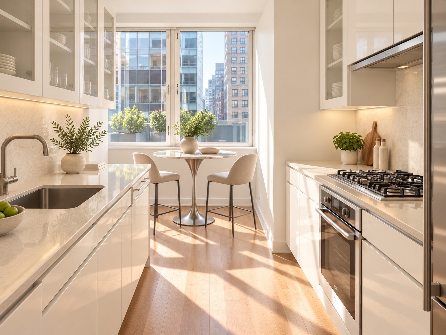 Bright Manhattan kitchen with crisp painted walls and white cabinetry