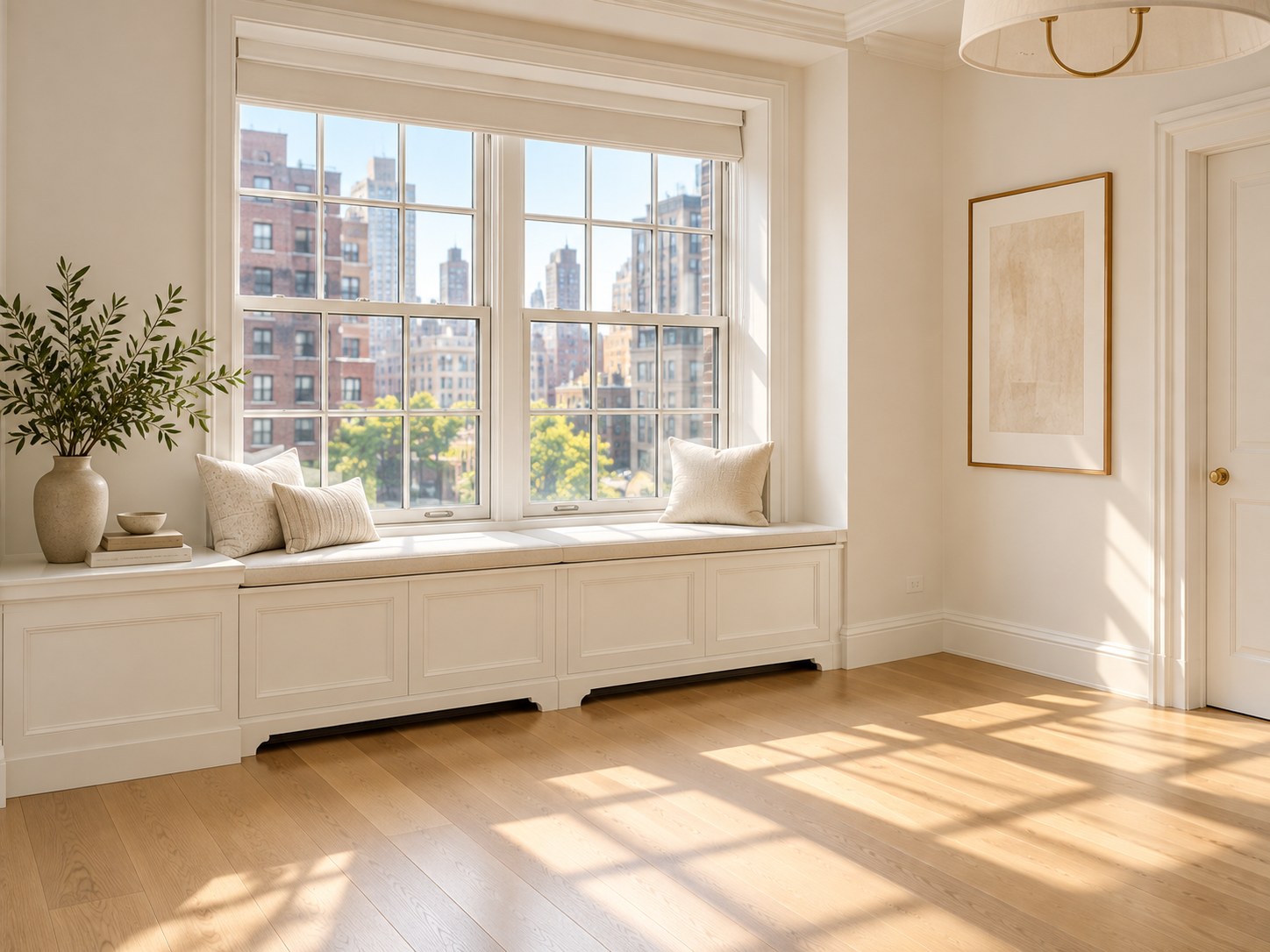 Sunlit New York City room with freshly painted walls, trim and built-in window seat